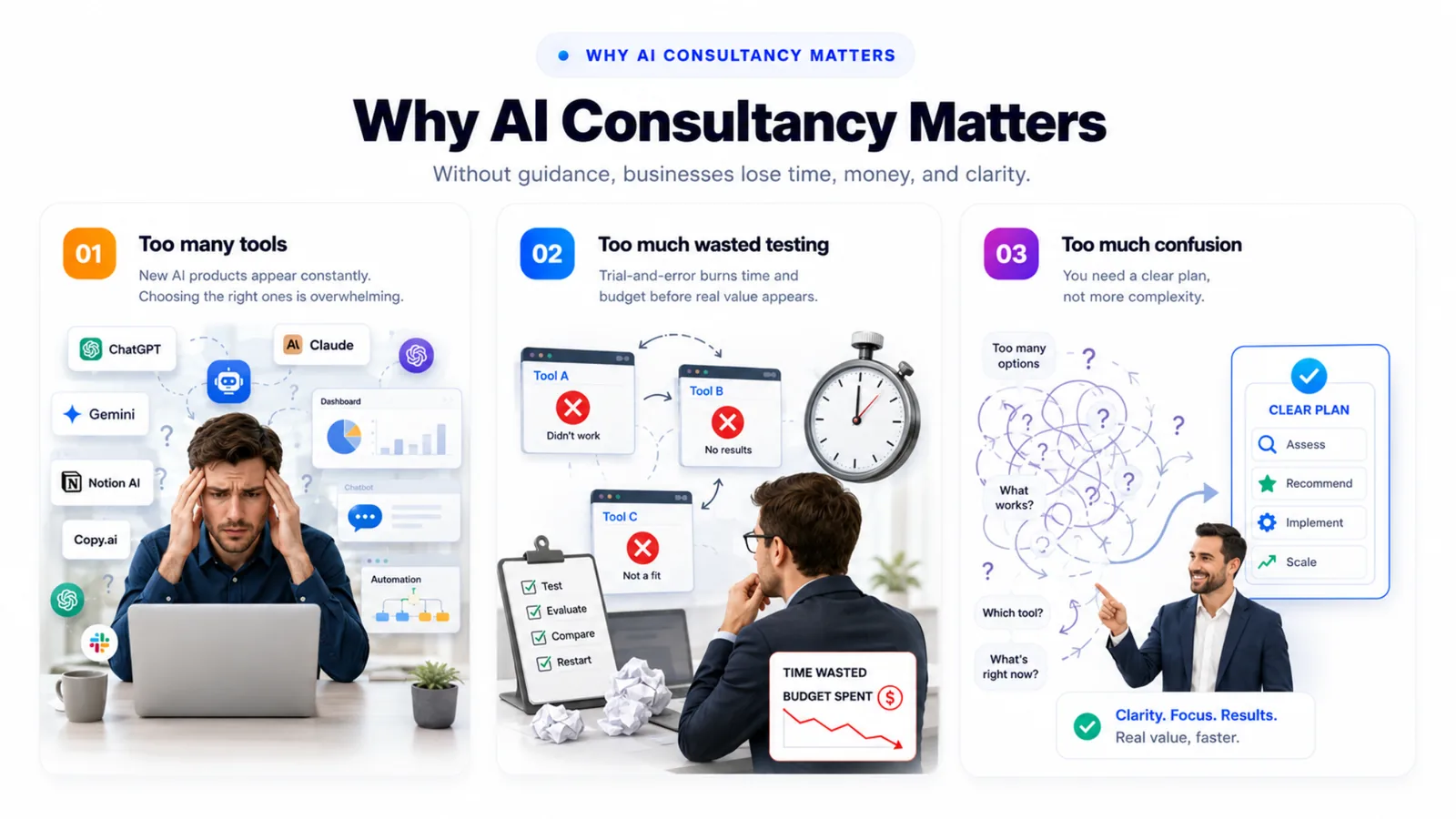 AI4Eone infographic titled Why AI Consultancy Matters. Subtitle: Without guidance, businesses lose time, money, and clarity. Section 01 Too many tools: New AI products appear constantly. Choosing the right ones is overwhelming. Section 02 Too much wasted testing: Trial-and-error burns time and budget before real value appears. Time wasted and budget spent. Section 03 Too much confusion: You need a clear plan, not more complexity. Clear plan steps: assess, recommend, implement, and scale. Closing message: Clarity. Focus. Results. Real value, faster.